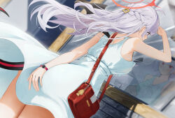 1girl alternate_costume ass auui bag black_tail blue_archive braid dress from_behind grey_hair halo handbag haruna_(blue_archive) highres no_wings red_halo reflection solo watch white_dress wristwatch