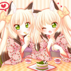 Rule 34 | 2girls, animal ears, bad id, bad pixiv id, blonde hair, bow, cake, cup, eating, fang, food, fox ears, green eyes, hair bow, hanakomiti, heart, japanese clothes, kimono, multicolored hair, multiple girls, one eye closed, open mouth, original, siblings, sisters, sitting, spoken heart, striped, striped background, sweets, teacup, twins, two-tone hair, vertical stripes, wink