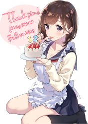 Rule 34 | 1girl, :p, apron, bandaid, bandaid on hand, black socks, blue skirt, blush, breasts, brown hair, cake, closed mouth, collarbone, cream, cream on face, food, food on face, frilled apron, frills, from side, hands up, highres, kneehighs, looking at viewer, medium breasts, milestone celebration, miniskirt, morikura en, neckerchief, original, pleated skirt, purple eyes, red neckerchief, school uniform, serafuku, sidelocks, sitting, skirt, sleeves past wrists, smile, socks, solo, sweater, swept bangs, thank you, thighs, tongue, tongue out, uniform, wariza