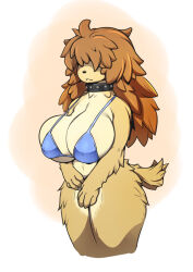 Rule 34 | 1girl, :&lt;, animal nose, bikini, body fur, breasts, brown hair, collar, covered erect nipples, cropped legs, dog girl, dog tail, furry, furry female, hair over eyes, j7w, large breasts, long hair, messy hair, original, solo, standing, studded collar, swimsuit, tail, thighs, undersized breast cup