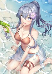 Rule 34 | 1girl, bare arms, bare shoulders, barefoot, beach, bikini, blue eyes, blue hair, blush, breasts, cleavage, commentary request, day, flower, gotland (kancolle), hair between eyes, hair flower, hair ornament, highres, jewelry, kantai collection, long hair, looking at viewer, medium breasts, mole, mole under eye, monoku, open mouth, outdoors, partially submerged, ponytail, revision, sarong, sitting, smile, solo, sparkle, swimsuit, thigh strap, wariza, water, water gun