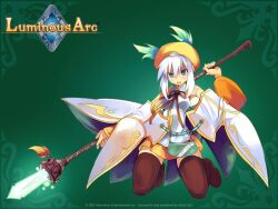 Rule 34 | 1girl, bare shoulders, blue eyes, boots, breasts, copyright name, detached sleeves, full body, hat, holding, holding polearm, holding weapon, lucia (luminous arc), luminous arc, medium breasts, official art, polearm, skirt, spear, thighhighs, third-party source, weapon, white hair