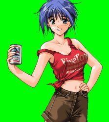 Rule 34 | 1990s (style), 1girl, bare shoulders, blue eyes, blue hair, blush, breasts, can, cleavage, clothes writing, collarbone, cowboy shot, drink, english text, game cg, green background, hand on own hip, holding, holding can, large breasts, looking at viewer, lowres, matching hair/eyes, midriff, minase aoi, mitsumi misato, mole, mole under eye, navel, no bra, pia carrot (series), pia carrot e youkoso!!, pia carrot e youkoso!! 2, retro artstyle, shirt, short hair, shorts, simple background, solo, standing, strap slip, tachi-e, tied shirt