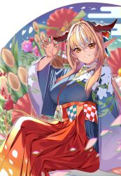 Rule 34 | 1girl, :d, absurdres, blonde hair, claw pose, dark-skinned female, dark skin, dragon horns, floral print, flower, furisode, hakama, happy new year, highres, hololive, horns, japanese clothes, kadomatsu, kimono, long hair, long sleeves, looking at viewer, multicolored hair, nail polish, new year, open mouth, orange eyes, pointy ears, red hakama, red nails, shiranui flare, shiranui flare (new year), sitting, smile, solo, streaked hair, virtual youtuber, white hair, yuutarou (fukiiincho)