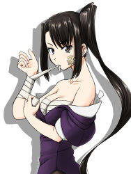Rule 34 | 10s, 1girl, bandage on face, bandages, black hair, breasts, brown eyes, cleavage, dated, kantai collection, koutarou (plusdrive), long hair, looking at viewer, mouth hold, nachi (kancolle), off shoulder, sarashi, side ponytail, solo