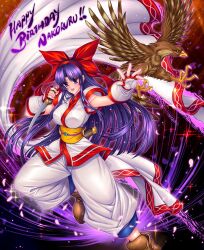 Rule 34 | 1girl, breasts, fingerless gloves, gloves, hair ribbon, highres, large breasts, leg lift, legs, long hair, looking at viewer, mamahaha, nakoruru, open mouth, outstretched arm, pants, purple eyes, purple hair, ribbon, samurai spirits, snk, solo, the king of fighters, thighs, weapon