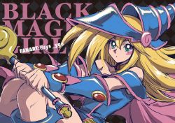 Rule 34 | 1girl, bare shoulders, blonde hair, blue footwear, blue hat, blush stickers, boots, character name, choker, closed mouth, commentary request, dark magician girl, duel monster, green eyes, hair between eyes, hat, holding, holding wand, knees, long hair, looking at viewer, sketch, solo, soya (sys ygo), twitter username, wand, wizard hat, yellow choker, yu-gi-oh!