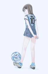 Rule 34 | 1girl, 2022 fifa world cup, al rihla, argentina, argentinian flag, arms behind back, ball, blue socks, brown hair, from behind, highres, kokudou juunigou, lionel messi, long hair, original, overalls, shirt, simple background, soccer, soccer ball, soccer uniform, socks, solo, sportswear, standing, white background, world cup