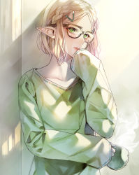 Rule 34 | 1girl, alternate costume, bespectacled, blonde hair, blush, braid, bright pupils, commentary request, cup, glasses, green shirt, hair ornament, hairclip, hand on own face, highres, holding, holding cup, indoors, long pointy ears, long sleeves, looking at viewer, nintendo, parted lips, pointy ears, princess zelda, shirt, short hair, side braids, sleeves past wrists, solo, steam, the legend of zelda, the legend of zelda: breath of the wild, the legend of zelda: tears of the kingdom, upper body, yuina0099