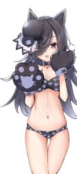 Rule 34 | 1girl, :3, alternate animal ears, animal ears, animal hands, bandeau, black hair, black hat, breasts, cat ears, collar, feet out of frame, gloves, gluteal fold, hair over one eye, hands up, hat, highres, long hair, looking at viewer, navel, open mouth, panties, paw gloves, paw print, purple eyes, rice shower (umamusume), simple background, small breasts, smile, solo, umamusume, underwear, white background, yomean!