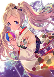 Rule 34 | 10s, 1girl, :o, ball, blonde hair, blurry, blush, bow, chestnut mouth, cowboy shot, depth of field, dutch angle, emily stewart, eyelashes, fingernails, floating hair, floral print, furisode, hair bow, hair ornament, highres, holding, idolmaster, idolmaster million live!, japanese clothes, joey koguma, kimono, light particles, lips, long hair, long sleeves, looking at viewer, nail polish, new year, obi, origami, outdoors, paper crane, parted lips, petals, purple eyes, red nails, sash, solo, standing, temari ball, toy, tree, twintails