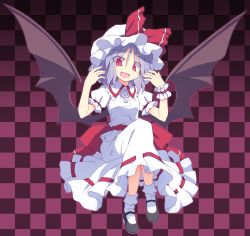 Rule 34 | 1girl, :d, bat wings, blue hair, checkered background, hat, looking at viewer, mary janes, mob cap, open mouth, red eyes, remilia scarlet, satou kibi, shoes, short hair, skirt, skirt set, slit pupils, smile, solo, touhou, wings, wrist cuffs