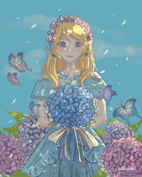 Rule 34 | 1girl, aqua dress, aqua skirt, artist request, ayase eli, bare shoulders, blonde hair, blue eyes, blue sky, blush, bouquet, bug, butterfly, chisaimei, cloud, collarbone, day, dress, earrings, female focus, flower, flower wreath, hair between eyes, hair over shoulder, hair wreath, heart, heart earrings, highres, holding, holding bouquet, insect, jewelry, long hair, looking at viewer, love live!, love live! school idol project, outdoors, parted lips, ponytail, skirt, sky, smile, solo