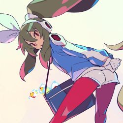Rule 34 | 1girl, arms behind back, black hair, blue revolver, from behind, gloves, harada takehito, highres, jacket, pantyhose under shorts, long hair, looking at viewer, looking back, open mouth, ponytail, red eyes, red legwear, ribbon, shorts, sidelocks, valerie (blue revolver), very long hair