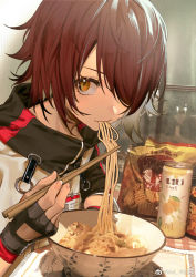Rule 34 | 1girl, a4-kalajiao, arknights, artist name, bag of chips, black gloves, bowl, can, chopsticks, drink can, eating, exusiai (arknights), fingerless gloves, food, gloves, hair over one eye, high collar, highres, holding, holding chopsticks, jacket, looking at viewer, noodles, orange eyes, red hair, short hair, soda can, solo, upper body, weibo watermark, white jacket