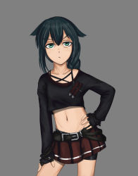 Rule 34 | 1girl, androth, angry, belt, bike shorts, braid, collaboration, collarbone, fanom, flat chest, green eyes, green hair, grey background, hair ornament, hand on leg, hand on own hip, highres, long hair, long sleeves, looking at viewer, matching hair/eyes, midriff, miniskirt, off shoulder, original, punk, punkish gothic, raised eyebrow, simple background, skirt, solo, standing, x hair ornament, zipper