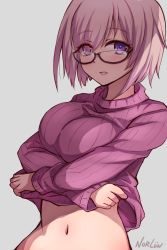 Rule 34 | 1girl, alternate costume, artist name, bad id, bad pixiv id, blush, breasts, clothes pull, commentary request, eyes visible through hair, fate/grand order, fate (series), glasses, hair over one eye, highres, kazetuki, large breasts, light purple hair, looking at viewer, mash kyrielight, navel, pink hair, purple eyes, purple hair, short hair, simple background, smile, solo, stomach, sweater, sweater pull, upper body, white background
