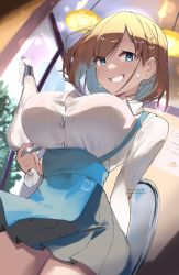 Rule 34 | 1girl, ai-chan (tawawa), blue eyes, blue skirt, blush, breasts, brown hair, buttons, collared shirt, commentary, dress shirt, getsuyoubi no tawawa, grin, high-waist skirt, highres, icing, large breasts, long sleeves, looking at viewer, magister, pastry bag, shirt, short hair, skirt, smile, solo, suspender skirt, suspenders, thighs, tray, white shirt