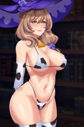 Rule 34 | 1girl, animal print, arms behind back, bad id, bad pixiv id, bell, bikini, blush, book, bookshelf, breasts, brown collar, brown hair, cawfield, closed mouth, collar, cow print, cowbell, cowboy shot, flower, genshin impact, green eyes, hair flower, hair ornament, hat, hat flower, highleg, highleg bikini, highres, large breasts, library, lips, lisa (genshin impact), looking at viewer, navel, neck bell, print bikini, print thighhighs, purple flower, purple rose, rose, skindentation, smile, solo, stomach, string bikini, swimsuit, thighhighs, wide hips, witch hat