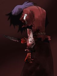 Rule 34 | 1girl, blood, blood stain, blood on clothes, blood on hands, bloody knife, bloody weapon, knife, obscured, onikobe rin, red background, skirt, touhou, weapon, yasaka kanako
