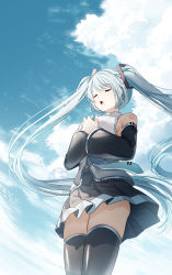 Rule 34 | 1girl, aqua eyes, aqua hair, bare shoulders, black skirt, black thighhighs, closed eyes, detached sleeves, hair ornament, hatsune miku, headphones, highres, necktie, number tattoo, open mouth, own hands together, rain (aaru), shoulder tattoo, skirt, tattoo, thighhighs, twintails, vocaloid, wind, wind lift, zettai ryouiki