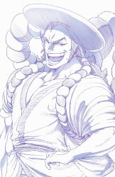 Rule 34 | 1boy, commentary request, facial hair, highres, japanese clothes, kibun 0911, kouzuki oden, long hair, looking at viewer, male focus, monochrome, one piece, open mouth, rope, shimenawa, sideburns, smile, solo, teeth, v-shaped eyebrows