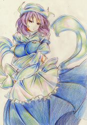 Rule 34 | 1girl, absurdres, apron, armband, bad id, bad pixiv id, breast lift, breasts, colored pencil (medium), crossed arms, female focus, graphite (medium), hat, high collar, highres, kitazinger, lapel pin, large breasts, letty whiterock, long sleeves, looking at viewer, pin, purple hair, red eyes, short hair, simple background, skirt, solo, touhou, traditional media, vest, waist apron, white background