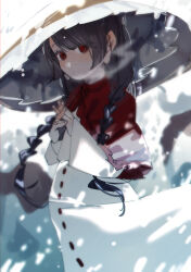 Rule 34 | 1girl, absurdres, ajirogasa, black hair, braid, capelet, coat, hat, highres, long earlobes, looking at viewer, own hands together, red capelet, red eyes, shi chimi, snow, solo, touhou, twin braids, winter, yatadera narumi