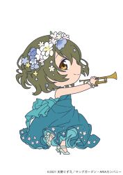 Rule 34 | 1girl, aino ai, aqua footwear, aria (manga), blue dress, blue flower, brown eyes, chibi, closed mouth, copyright name, copyright notice, dated, dress, floral print, flower, from side, full body, hair between eyes, hair flower, hair ornament, high heels, highres, holding, holding instrument, instrument, looking at viewer, medium hair, official alternate costume, official art, simple background, smile, solo, standing, standing on one leg, strappy heels, trumpet, white background, white flower, yellow flower