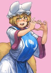 Rule 34 | 1girl, absurdres, adapted costume, animal hat, bad id, bad tumblr id, blonde hair, blush, breasts, chanta (ayatakaoisii), cowboy shot, fang, fox tail, hair between eyes, hat, heart, heart hands, highres, hip focus, large breasts, long skirt, looking at viewer, mob cap, multiple tails, pink background, shirt, short hair, short sleeves, simple background, skirt, smile, solo, tabard, tail, teeth, touhou, white hat, white shirt, white skirt, wide sleeves, yakumo ran
