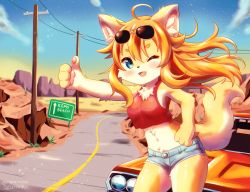 Rule 34 | 1girl, ahoge, animal ear fluff, animal ears, blonde hair, blue eyes, blush, body fur, breasts, car, crop top, dated, denim, denim shorts, desert, dodge (company), dodge challenger, dog ears, dog girl, dog tail, fang, female focus, fewer digits, furry, furry female, highres, hitchhiking, leaning to the side, midriff, motor vehicle, navel, one eye closed, open mouth, original, outdoors, pawpads, piporinton, power lines, road, rock, short shorts, shorts, sidelocks, sign, sky, solo, star (sky), starry sky, stomach, sunglasses on head, sunset, tail, thumbs up, twitter username, yellow fur