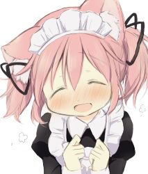 Rule 34 | 1girl, animal ear fluff, animal ears, blush, cat ears, closed eyes, commentary request, facing viewer, highres, hitode, juliet sleeves, kaname madoka, long sleeves, mahou shoujo madoka magica, maid, maid headdress, open mouth, puffy sleeves, short twintails, simple background, solo, twintails, upper body, white background