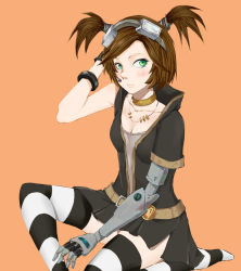 Rule 34 | 1girl, borderlands (series), borderlands 2, breasts, brown hair, cleavage, gaige, goggles, green eyes, highres, mechanical arms, prosthesis, prosthetic arm, single mechanical arm, skirt, striped legwear, twintails
