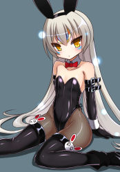 Rule 34 | 1girl, all fours, animal ears, black gloves, black leotard, black pantyhose, bow, bowtie, detached collar, elbow gloves, elsword, eve (elsword), fake animal ears, fishnet pantyhose, fishnets, flat chest, forehead jewel, full body, gloves, grey background, highres, leotard, long hair, looking at viewer, pantyhose, playboy bunny, rabbit ears, red bow, red bowtie, simple background, sitting, solo, strapless, strapless leotard, thighhighs, wariza, white hair, wrist cuffs, yellow eyes, zetsuei (zetto)