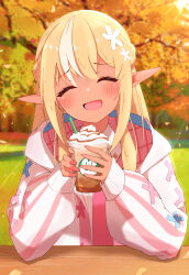 Rule 34 | 1girl, absurdres, autumn, autumn leaves, blonde hair, blush, closed eyes, cup, dark-skinned female, dark skin, disposable cup, dress, flower, hair flower, hair ornament, highres, holding, holding cup, hololive, jacket, open mouth, pink dress, pink jacket, pointy ears, sen (sen42724788), shiranui flare, shiranui flare (4th costume), virtual youtuber, white hair