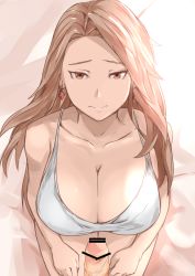 Rule 34 | 1boy, 1girl, bad id, bad pixiv id, bar censor, breasts, brown eyes, brown hair, cafekun, censored, cleavage, clenched hands, earrings, granblue fantasy, highres, jewelry, katalina (granblue fantasy), large breasts, long hair, looking at viewer, penis, pov, red eyes, seiza, sitting, solo focus, thigh gap