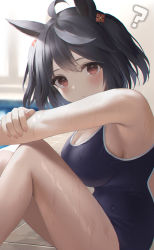 Rule 34 | 1girl, ?, absurdres, ahoge, animal ears, backlighting, bare arms, bare shoulders, black hair, black one-piece swimsuit, blue one-piece swimsuit, blush, breasts, cleavage, closed mouth, commentary request, competition school swimsuit, from side, grey hair, head tilt, hibimaru, highres, horse ears, horse girl, indoors, kitasan black (umamusume), knees up, large breasts, multicolored hair, on floor, one-piece swimsuit, parted bangs, pool, red eyes, school swimsuit, short hair, sitting, solo, streaked hair, swimsuit, thighs, two-tone hair, umamusume, wet