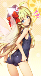 Rule 34 | 1girl, adjusting clothes, adjusting swimsuit, ahoge, ass, bare arms, bare shoulders, blonde hair, blue eyes, blue one-piece swimsuit, bow, chima q, commentary, covered erect nipples, fairy wings, flat chest, from side, gradient background, hair between eyes, hat, hat bow, highres, lily white, long hair, looking at viewer, one-piece swimsuit, open mouth, orange background, polka dot, polka dot background, red bow, school swimsuit, skin tight, solo, surprised, swimsuit, thighs, tilted headwear, touhou, very long hair, white hat, wings