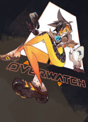 Rule 34 | 1girl, amiami, black hair, brown background, brown gloves, copyright name, crossed legs, from below, gloves, goggles, highres, looking at viewer, overwatch, overwatch 1, shoes, simple background, sitting, smile, sneakers, solo, spandex, spiked hair, tracer (overwatch), triangle