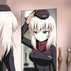 Rule 34 | adjusting clothes, adjusting headwear, arm up, black hat, black jacket, blue eyes, closed mouth, commentary, commentary request, dress shirt, english commentary, garrison cap, girls und panzer, hat, highres, insignia, itsumi erika, jacket, kamishima kanon, kuromorimine military uniform, light frown, long sleeves, medium hair, military, military hat, military uniform, mirror, mixed-language commentary, red shirt, reflection, shirt, silver hair, solo, tantei monogatari, uniform, wing collar