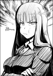 Rule 34 | &gt;:/, 10s, 1girl, a-teru haito, anger vein, blunt bangs, crossed arms, girls und panzer, greyscale, long hair, looking at viewer, mature female, monochrome, nishizumi shiho, pout, solo