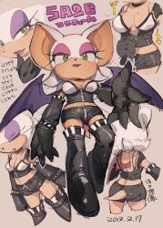 Rule 34 | 1girl, animal ears, animal nose, aoki (fumomo), arrow (symbol), back, backless shirt, bat ears, bat girl, bat wings, black footwear, black gloves, black shorts, blush, body fur, boots, breasts, cleavage, closed eyes, clothing cutout, copyright name, cowboy shot, crop top, cropped legs, dated, elbow gloves, eyeshadow, female focus, from side, furry, furry female, gloves, green eyes, grey background, half-closed eyes, hand up, happy, japanese text, leg up, light blush, lipstick, makeup, medium breasts, midriff, multiple views, navel, official alternate costume, open clothes, open mouth, open shirt, outstretched arm, pink eyeshadow, purple eyeshadow, purple lips, purple wings, reaching, reaching towards viewer, restrained, rouge the bat, shiny clothes, short hair, short shorts, shorts, simple background, smile, sonic (series), sonic adventure 2: battle, standing, standing on one leg, tail, tail through clothes, thigh boots, translation request, two-tone shirt, unzipping, white fur, white hair, wings, zipper, zipper pull tab