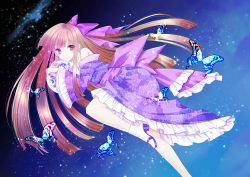 Rule 34 | 1girl, absurdres, ass, bare shoulders, brown hair, bug, butterfly, earth (planet), flying, frills, highres, insect, japanese clothes, kawaii hito, kimono, legs, long hair, murasaki iro, nanase aoi, non-web source, planet, red eyes, ribbon, self-upload, sky, space, straight hair
