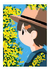 Rule 34 | 1other, black eyes, blue background, blue shirt, brown hair, flower, from side, hair ornament, hairclip, hat, highres, mimosa (flower), no mouth, no nose, original, overalls, profile, shirt, short hair, shouronpou sho, signature, solo, straw hat