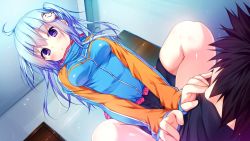 Rule 34 | 1girl, blue hair, blush, breasts, game cg, girl on top, kino (kino konomi), kino konomi, konomi (kino konomi), legs, long hair, looking down, lying, nakano mei, purple eyes, shirogane x spirits, sitting, sitting on person, small breasts, thighs
