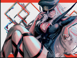 Rule 34 | 1other, ai the somnium files, ai the somnium files: nirvana initiative, breasts, closed mouth, commentary request, crossed legs, greyscale, hat, highres, large breasts, long hair, looking at viewer, military hat, mole, mole under mouth, monochrome, multicolored hair, rae ariadne, red eyes, red hair, sitting, solo, streaked hair, tama (ai the somnium files)