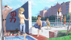 Rule 34 | 1girl, 5boys, :o, absurdres, artist request, barefoot, black footwear, black male swimwear, black swim briefs, blonde hair, blue innertube, blue male swimwear, blue swim trunks, breasts, brown footwear, building, casual nudity, character request, closed eyes, copyright request, day, drawstring, flip-flops, grass, highres, holding, holding swim ring, innertube, legskin, lifeguard, lifeguard chair, male swimwear, male swimwear challenge, medium breasts, multiple boys, navel, nipples, open mouth, outdoors, pink footwear, pool, poolside, red male swimwear, red swim trunks, sandals, shixiaoshudian, shoes, short hair, standing, surprised, swim briefs, swim ring, swim trunks, swimsuit, topless, topless male, unworn footwear, water, whistle, white footwear, yellow male swimwear, yellow swim trunks