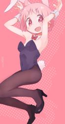 Rule 34 | 1girl, :d, animal ears, armpits, bad id, bad twitter id, bare shoulders, black leotard, black pantyhose, blush, bow, bowtie, breasts, character name, detached collar, fake animal ears, fake tail, full body, high heels, highres, leotard, looking at viewer, nonohara yuzuko, okayparium, open mouth, pantyhose, pink background, pink hair, playboy bunny, rabbit ears, rabbit tail, shoes, short hair, simple background, small breasts, smile, solo, standing, strapless, strapless leotard, tail, v-shaped eyebrows, wrist cuffs, yuyushiki