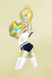 Rule 34 | 1girl, alternate costume, android, bad id, bad pixiv id, ball, berserkert, blonde hair, blue eyes, buruma, cropped legs, doll joints, glowing, glowing eyes, hair bun, highres, joints, league of legends, no legs, orianna (league of legends), robot, short hair, single hair bun, solo, thighhighs, white thighhighs