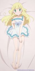 Rule 34 | 1girl, 2017, alternate costume, barefoot, bed sheet, between toes, blonde hair, blunt bangs, blush, braid, breasts, collarbone, creatures (company), dakimakura (medium), dress, feet, feet together, frilled dress, frills, full body, game freak, green eyes, hand on own chest, highres, legs, lillie (pokemon), long hair, looking at viewer, lying, meiji, nightgown, nintendo, on back, pokemon, pokemon sm, sleeveless, smile, solo, toes, twin braids, watermark